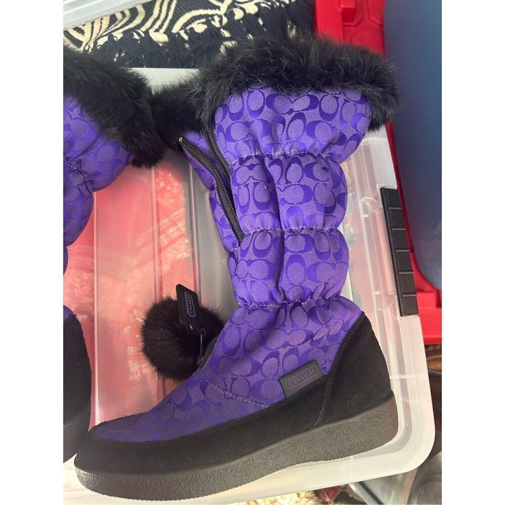 COACH Women's Purple Theona Signature Jacquard Rabbit Fur Winter Boots - Picture 8 of 9